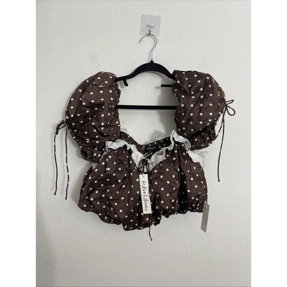 For Love & Lemons Chocolate polk a Dot Top  saatin lace trim size M NWT $179msrp - Picture 4 of 8